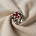 RED GARNET CLUSTER SILVER FLOWER RING