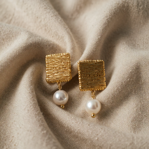 Woven Square Pearl Drop Earrings